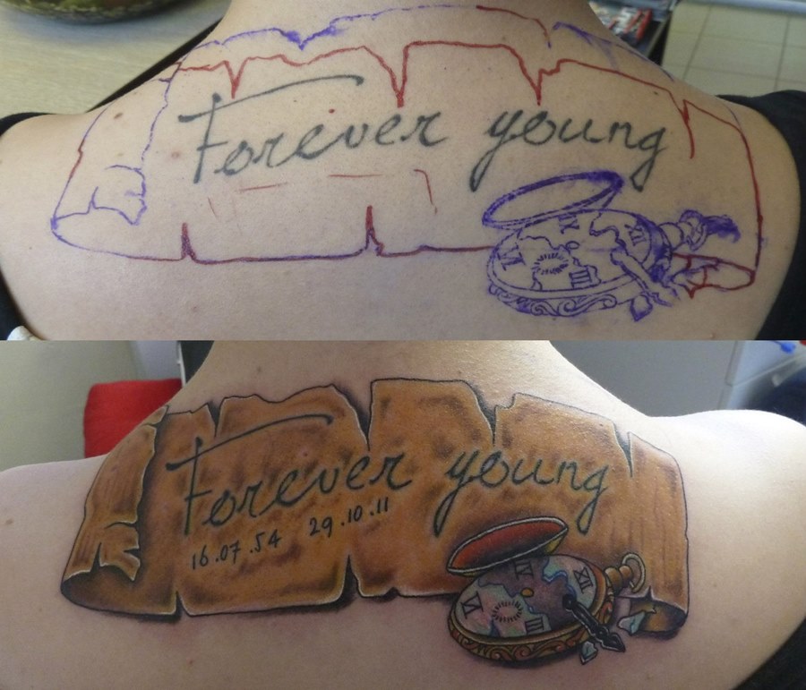 Татуировки Forever young в стиле Клокворк, Ньюскул, Цветная Спина / Каталогтату-салонов и мастеров